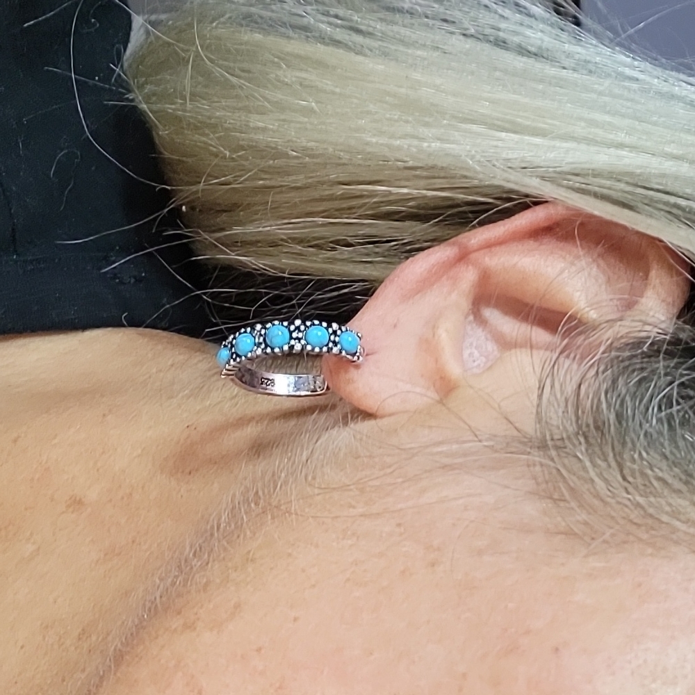 💥FLASH SALE💥Rustic Turquoise Half Hoop Earrings, S925 - Picture 5 of 8